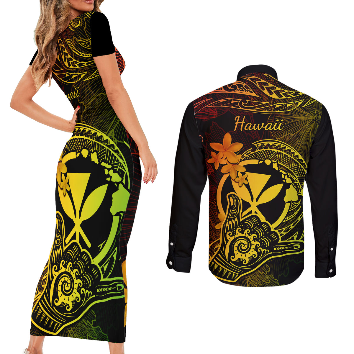 hawaii-couples-matching-short-sleeve-bodycon-dress-and-long-sleeve-button-shirts-shaka-tattoo-mix-polynesian-plumeria-reggae-version