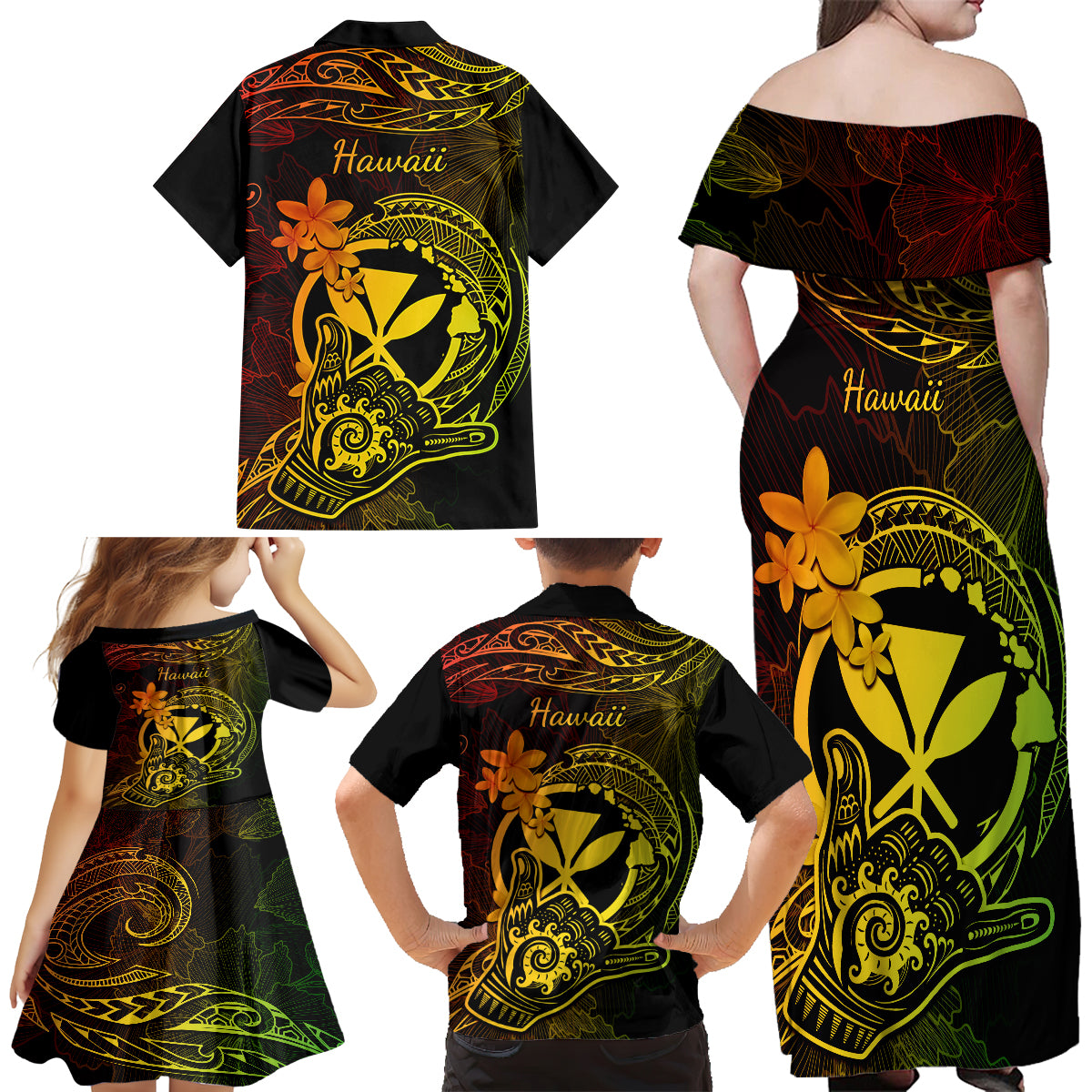 hawaii-family-matching-off-shoulder-maxi-dress-and-hawaiian-shirt-shaka-tattoo-mix-polynesian-plumeria-reggae-version