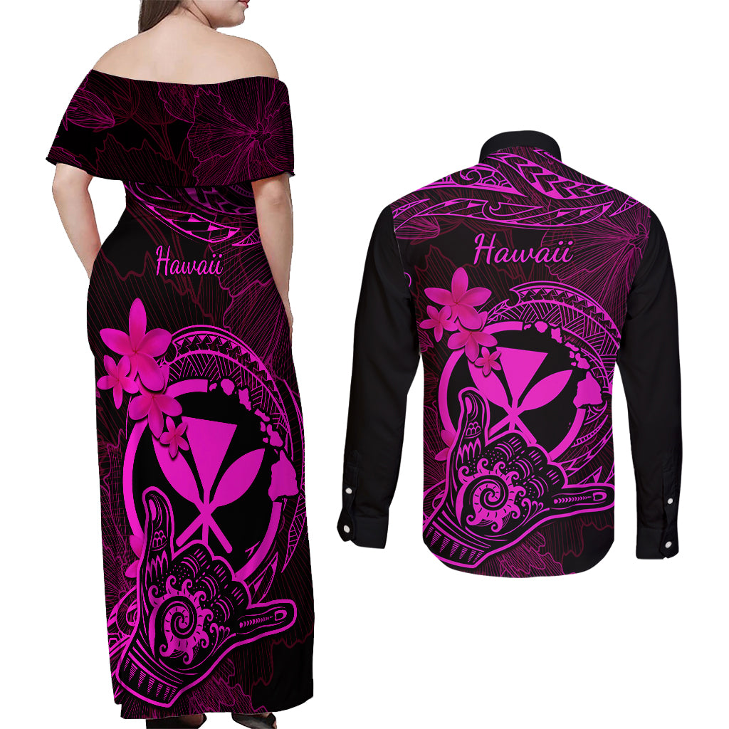 Hawaii Couples Matching Off Shoulder Maxi Dress and Long Sleeve Button Shirts Shaka Tattoo Mix Polynesian Plumeria Pink Version LT14 - Polynesian Pride