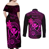 Hawaii Couples Matching Off Shoulder Maxi Dress and Long Sleeve Button Shirts Shaka Tattoo Mix Polynesian Plumeria Pink Version LT14 - Polynesian Pride
