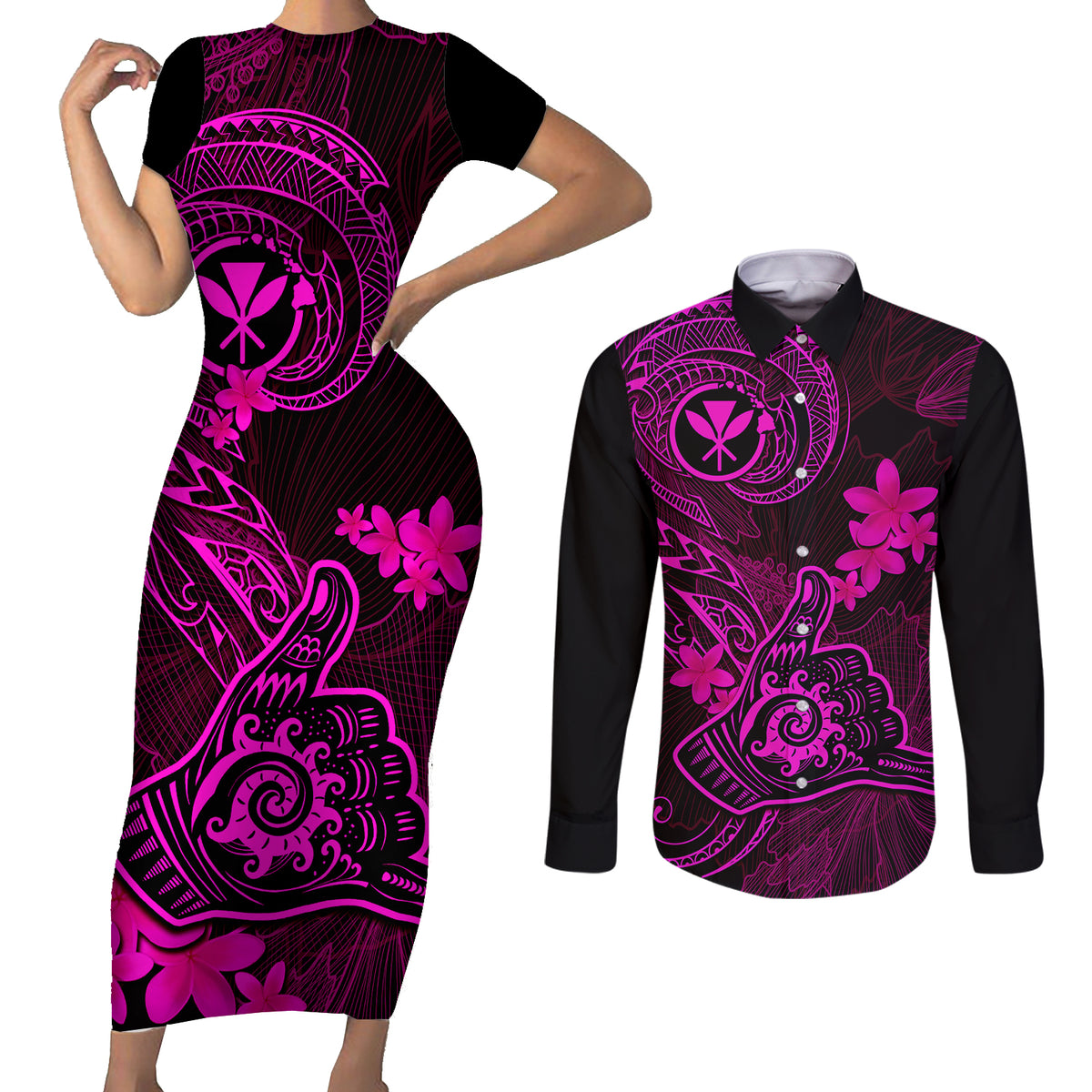 hawaii-couples-matching-short-sleeve-bodycon-dress-and-long-sleeve-button-shirts-shaka-tattoo-mix-polynesian-plumeria-pink-version