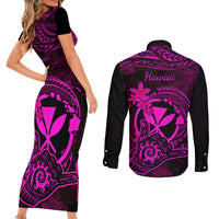 hawaii-couples-matching-short-sleeve-bodycon-dress-and-long-sleeve-button-shirts-shaka-tattoo-mix-polynesian-plumeria-pink-version