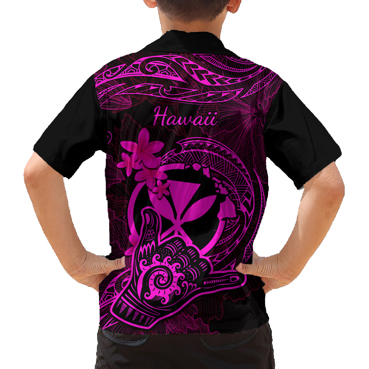 hawaii-family-matching-off-shoulder-short-dress-and-hawaiian-shirt-shaka-tattoo-mix-polynesian-plumeria-pink-version