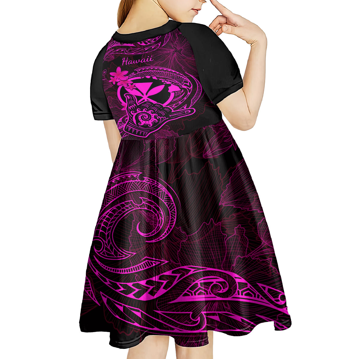 hawaii-kid-short-sleeve-dress-shaka-tattoo-mix-polynesian-plumeria-pink-version