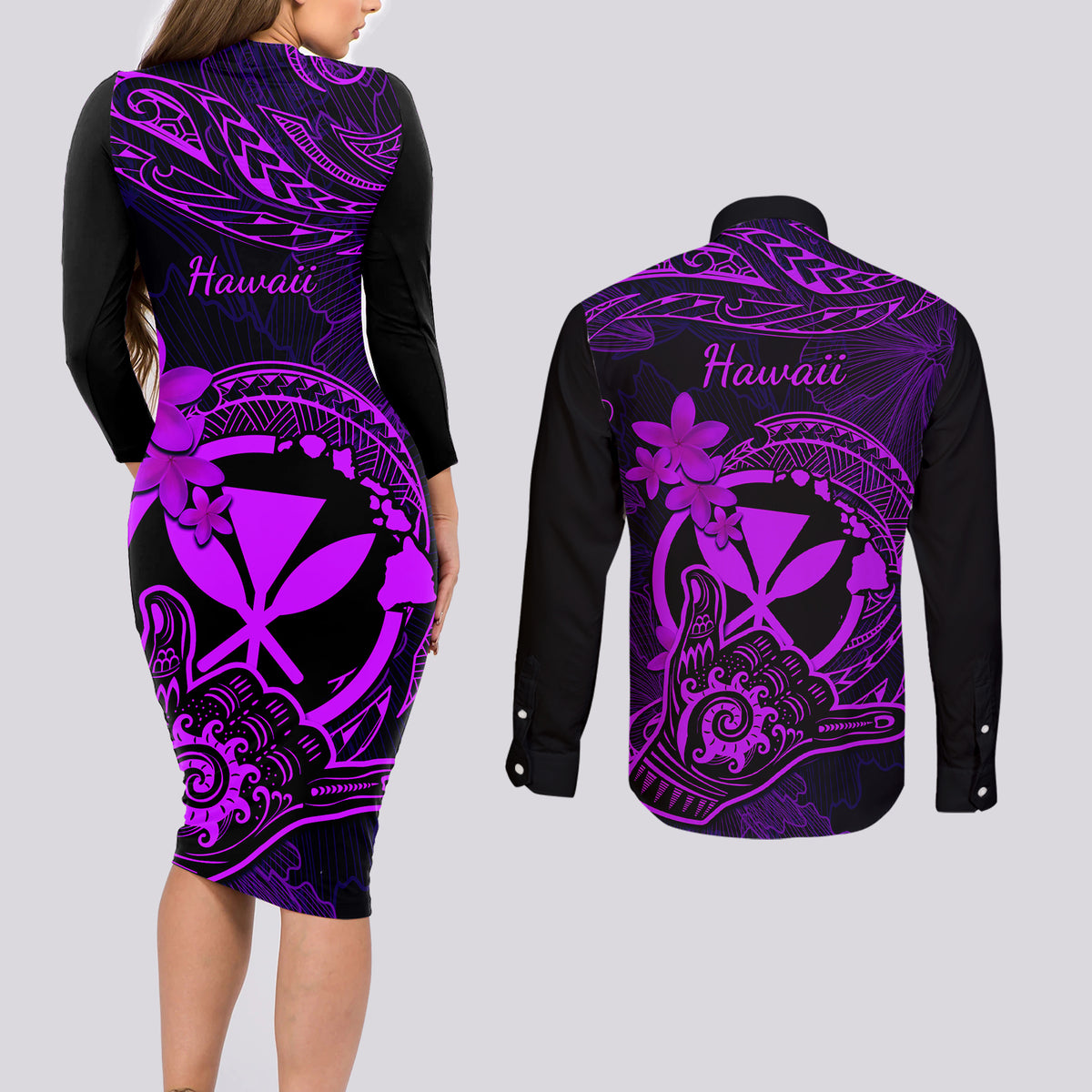 hawaii-couples-matching-long-sleeve-bodycon-dress-and-long-sleeve-button-shirts-shaka-tattoo-mix-polynesian-plumeria-purple-version