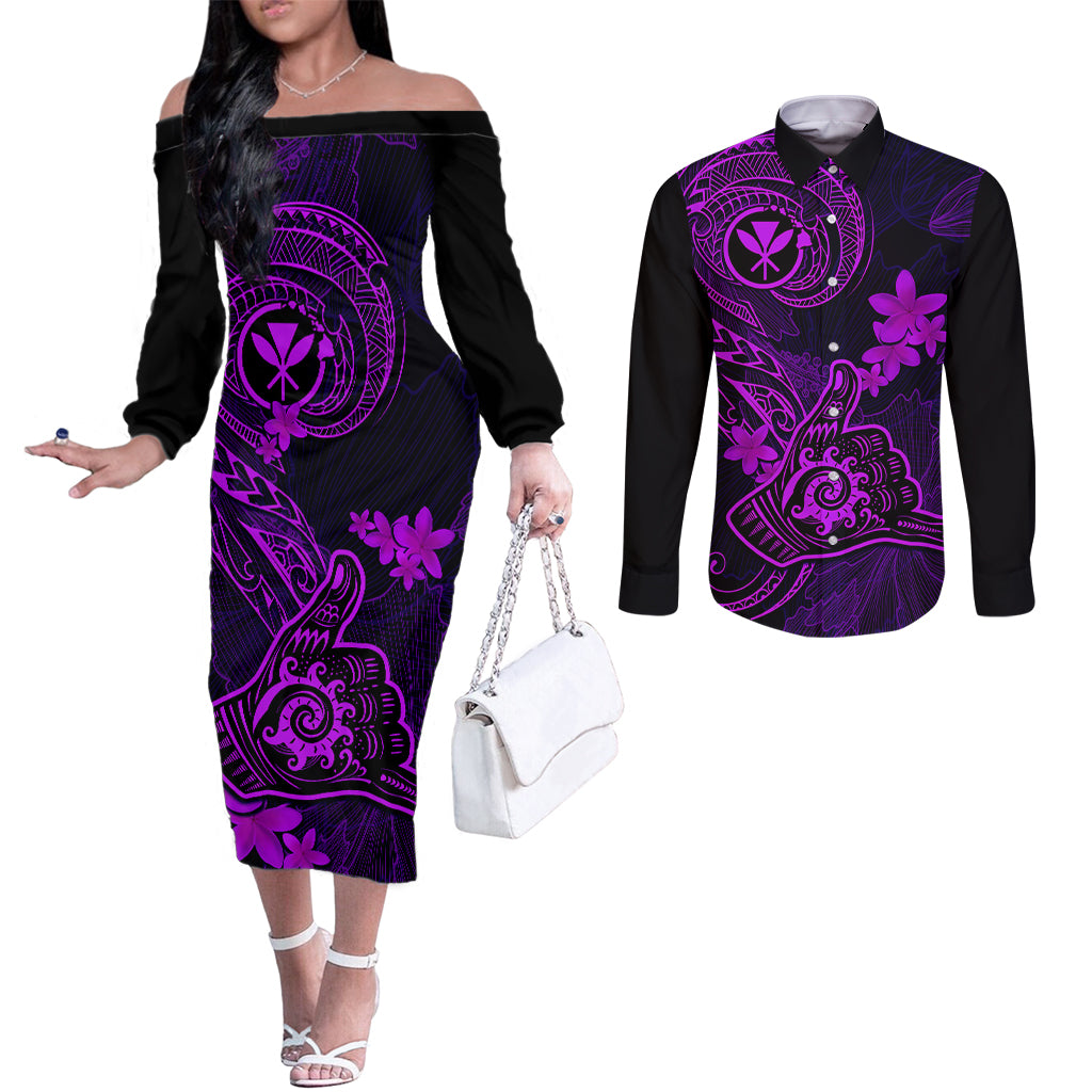 hawaii-couples-matching-off-the-shoulder-long-sleeve-dress-and-long-sleeve-button-shirts-shaka-tattoo-mix-polynesian-plumeria-purple-version