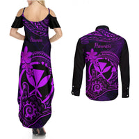hawaii-couples-matching-summer-maxi-dress-and-long-sleeve-button-shirts-shaka-tattoo-mix-polynesian-plumeria-purple-version