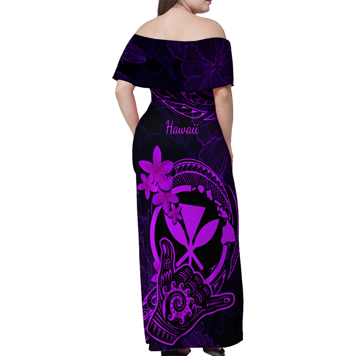 hawaii-family-matching-off-shoulder-maxi-dress-and-hawaiian-shirt-shaka-tattoo-mix-polynesian-plumeria-purple-version