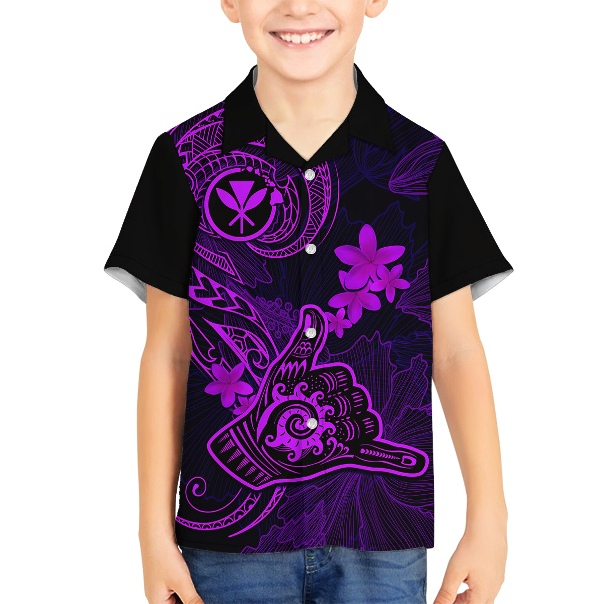 Hawaii Family Matching Puletasi Dress and Hawaiian Shirt Shaka Tattoo Mix Polynesian Plumeria Purple Version LT14 Son's Shirt Purple - Polynesian Pride