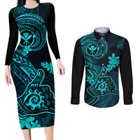 hawaii-couples-matching-long-sleeve-bodycon-dress-and-long-sleeve-button-shirts-shaka-tattoo-mix-polynesian-plumeria-turquoise-version