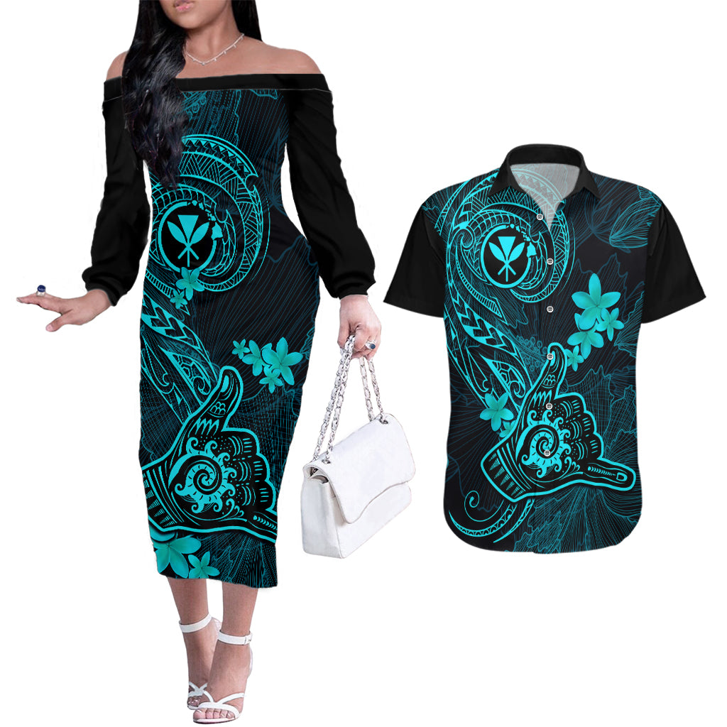 hawaii-couples-matching-off-the-shoulder-long-sleeve-dress-and-hawaiian-shirt-shaka-tattoo-mix-polynesian-plumeria-turquoise-version