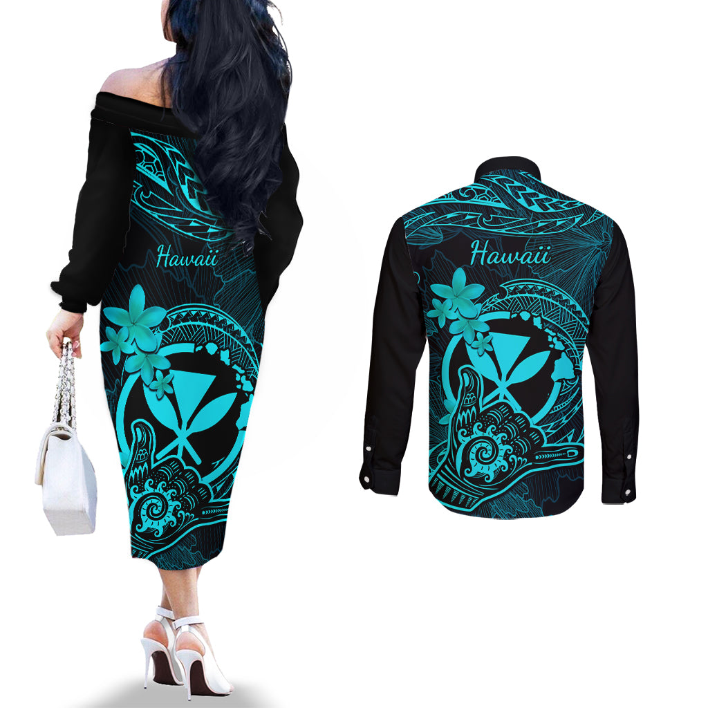 hawaii-couples-matching-off-the-shoulder-long-sleeve-dress-and-long-sleeve-button-shirts-shaka-tattoo-mix-polynesian-plumeria-turquoise-version
