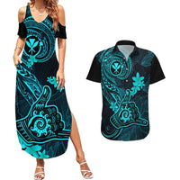hawaii-couples-matching-summer-maxi-dress-and-hawaiian-shirt-shaka-tattoo-mix-polynesian-plumeria-turquoise-version