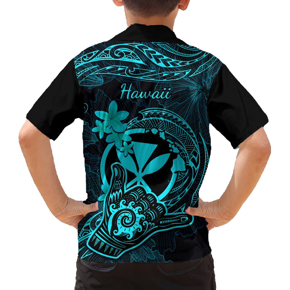hawaii-family-matching-off-shoulder-maxi-dress-and-hawaiian-shirt-shaka-tattoo-mix-polynesian-plumeria-turquoise-version