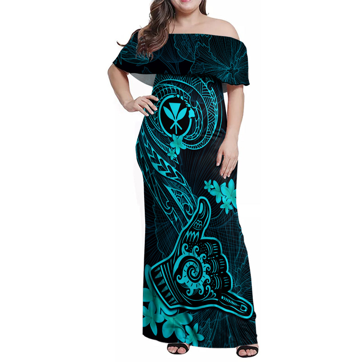 hawaii-family-matching-off-shoulder-maxi-dress-and-hawaiian-shirt-shaka-tattoo-mix-polynesian-plumeria-turquoise-version