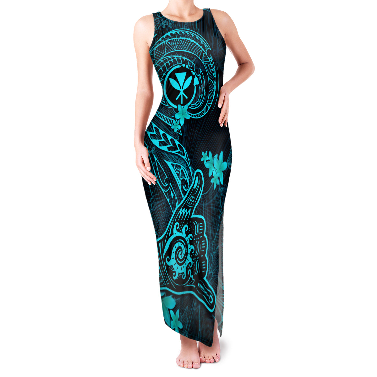 hawaii-family-matching-tank-maxi-dress-and-hawaiian-shirt-shaka-tattoo-mix-polynesian-plumeria-turquoise-version