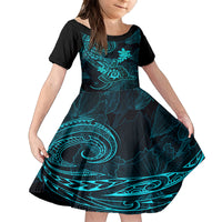 hawaii-kid-short-sleeve-dress-shaka-tattoo-mix-polynesian-plumeria-turquoise-version