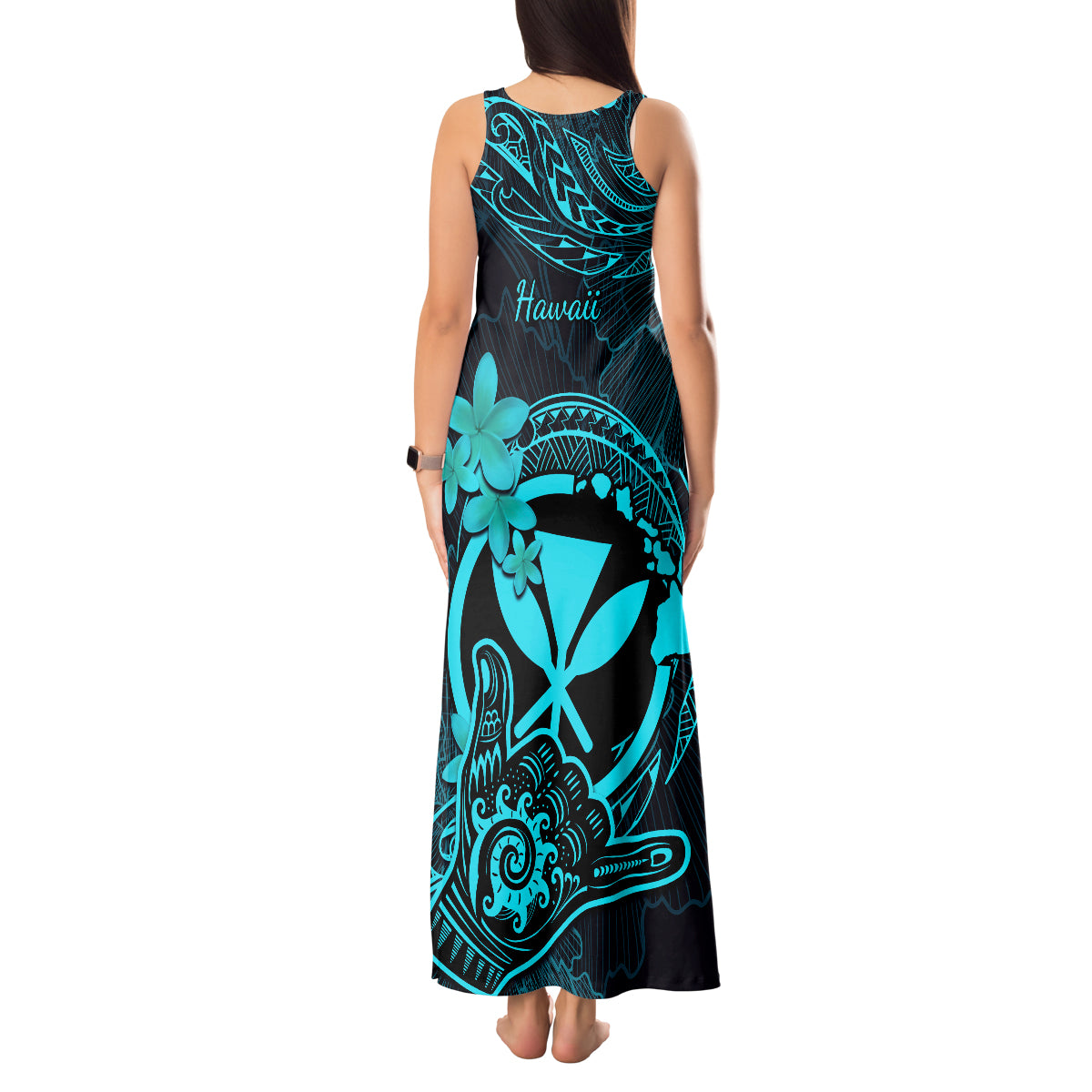 hawaii-tank-maxi-dress-shaka-tattoo-mix-polynesian-plumeria-turquoise-version