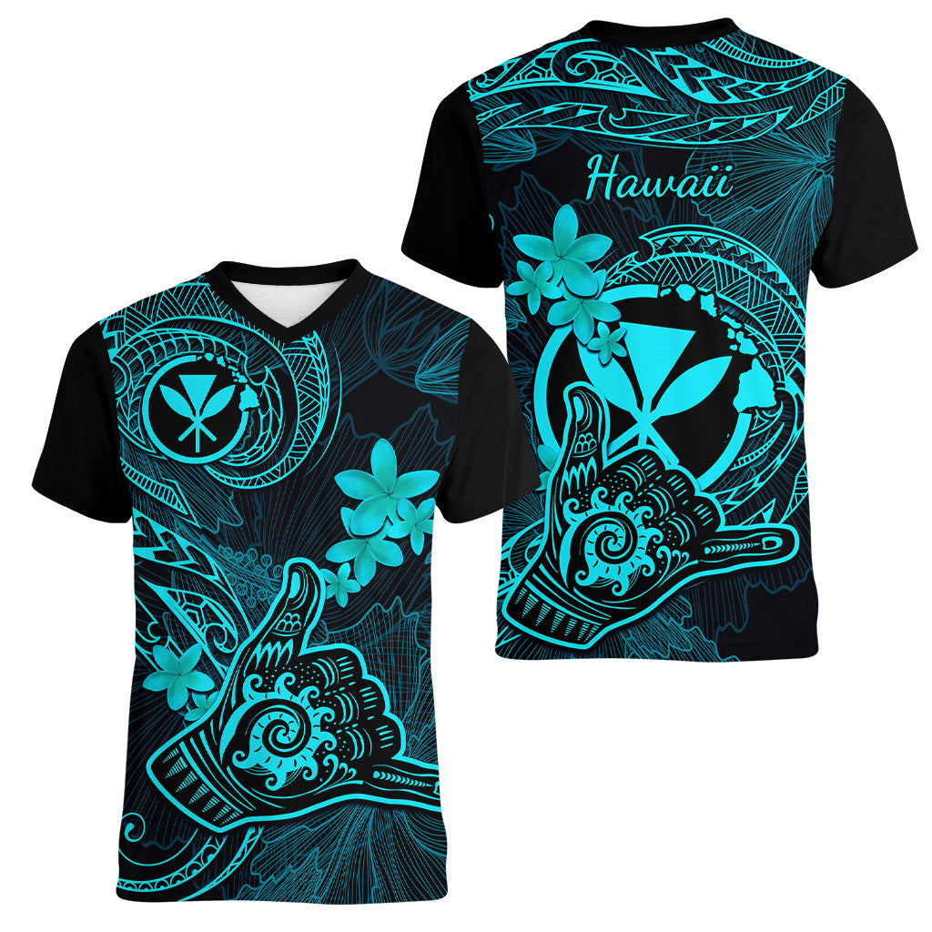 hawaii-women-v-neck-t-shirt-shaka-tattoo-mix-polynesian-plumeria-turquoise-version
