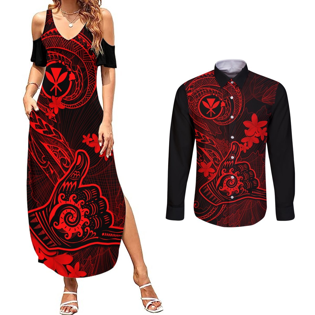 Hawaii Couples Matching Summer Maxi Dress and Long Sleeve Button Shirts Shaka Tattoo Mix Polynesian Plumeria Red Version LT14 Red - Polynesian Pride
