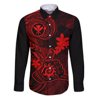 hawaii-family-matching-long-sleeve-bodycon-dress-and-hawaiian-shirt-shaka-tattoo-mix-polynesian-plumeria-red-version