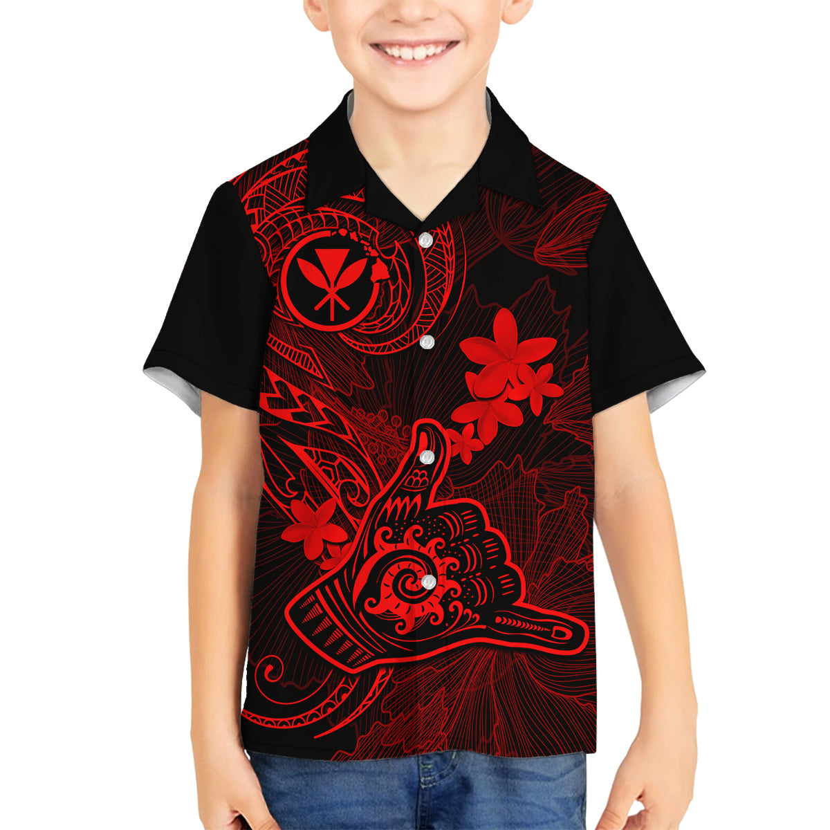 Hawaii Kid Hawaiian Shirt Shaka Tattoo Mix Polynesian Plumeria Red Version LT14 - Polynesian Pride