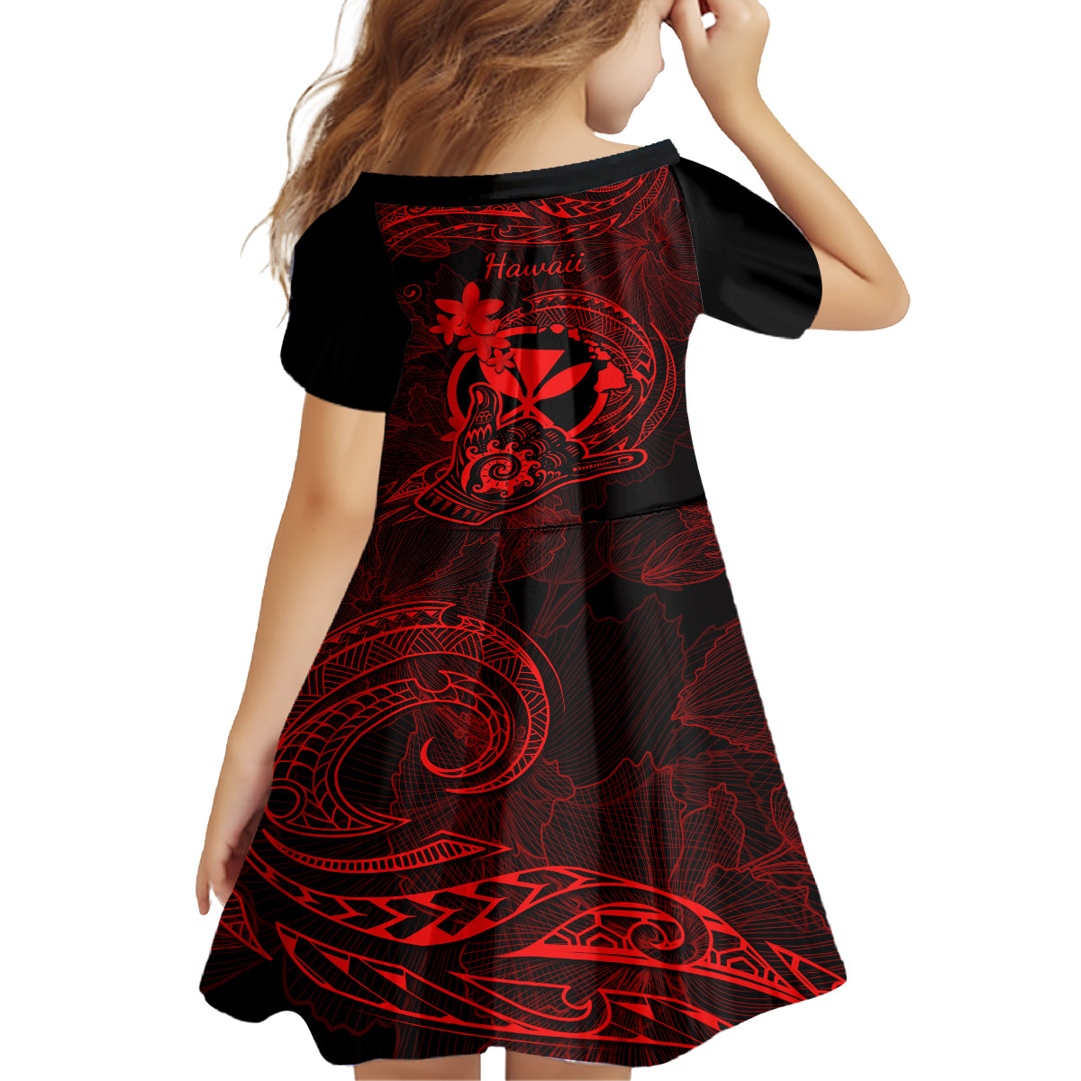hawaii-kid-short-sleeve-dress-shaka-tattoo-mix-polynesian-plumeria-red-version