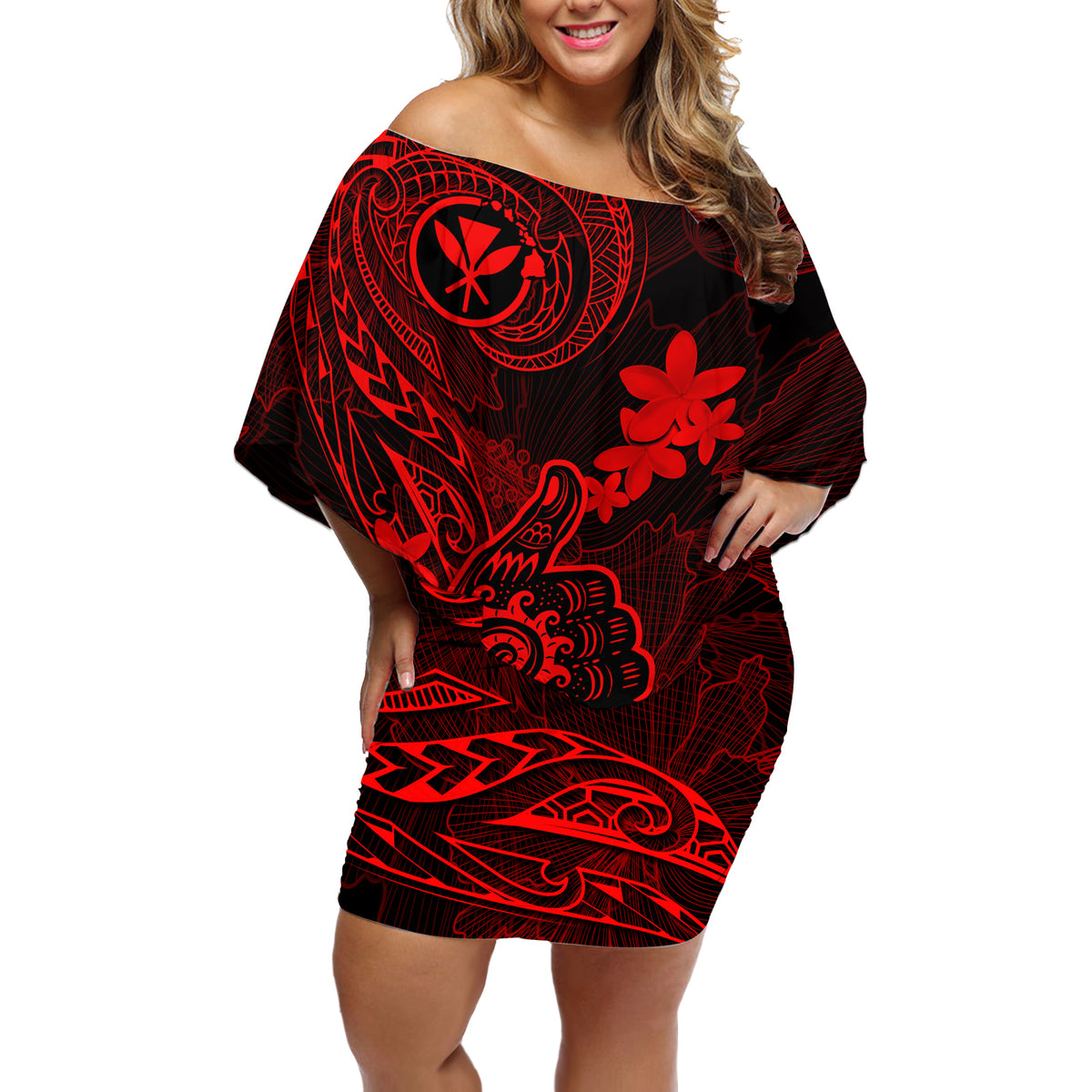 hawaii-off-shoulder-short-dress-shaka-tattoo-mix-polynesian-plumeria-red-version