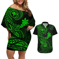 hawaii-couples-matching-off-shoulder-short-dress-and-hawaiian-shirt-shaka-tattoo-mix-polynesian-plumeria-green-version