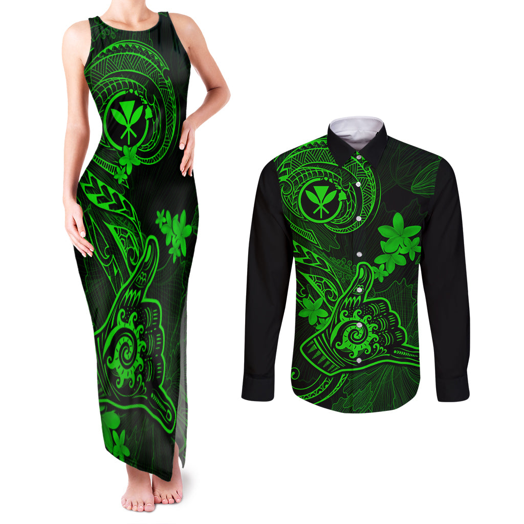 hawaii-couples-matching-tank-maxi-dress-and-long-sleeve-button-shirts-shaka-tattoo-mix-polynesian-plumeria-green-version
