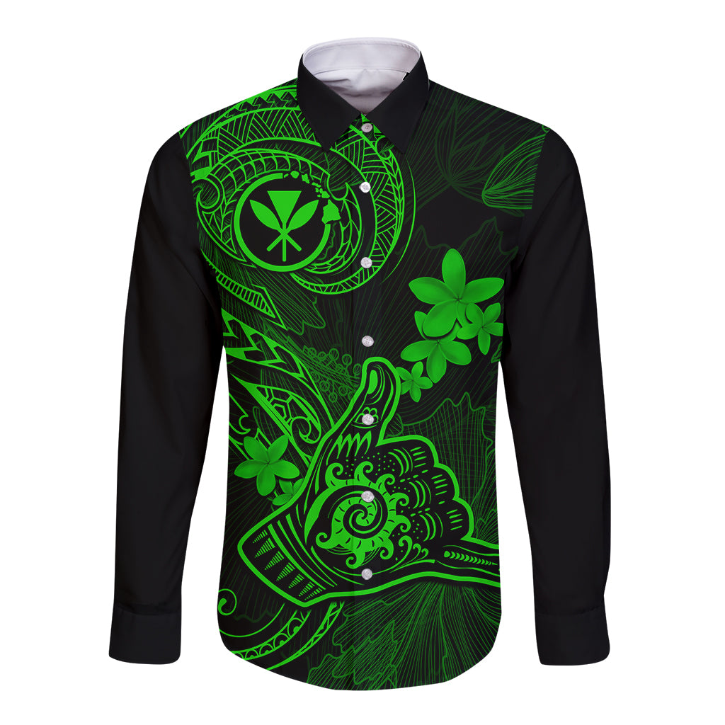 Hawaii Long Sleeve Button Shirt Shaka Tattoo Mix Polynesian Plumeria Green Version LT14 Unisex Green - Polynesian Pride