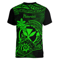 hawaii-women-v-neck-t-shirt-shaka-tattoo-mix-polynesian-plumeria-green-version