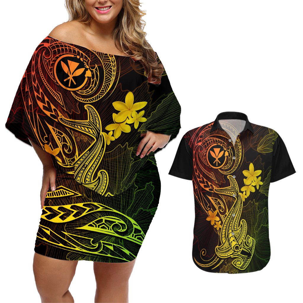 hawaii-couples-matching-off-shoulder-short-dress-and-hawaiian-shirt-hammerhead-shark-tattoo-mix-polynesian-plumeria-reggae-version
