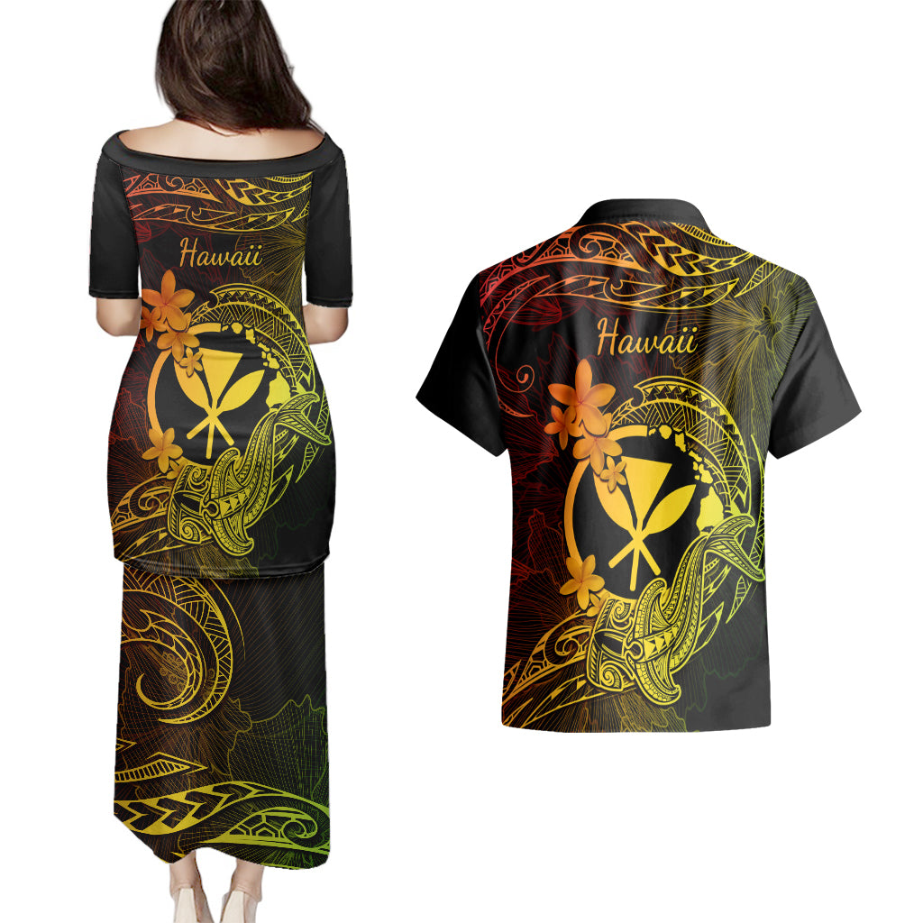 hawaii-couples-matching-puletasi-dress-and-hawaiian-shirt-hammerhead-shark-tattoo-mix-polynesian-plumeria-reggae-version