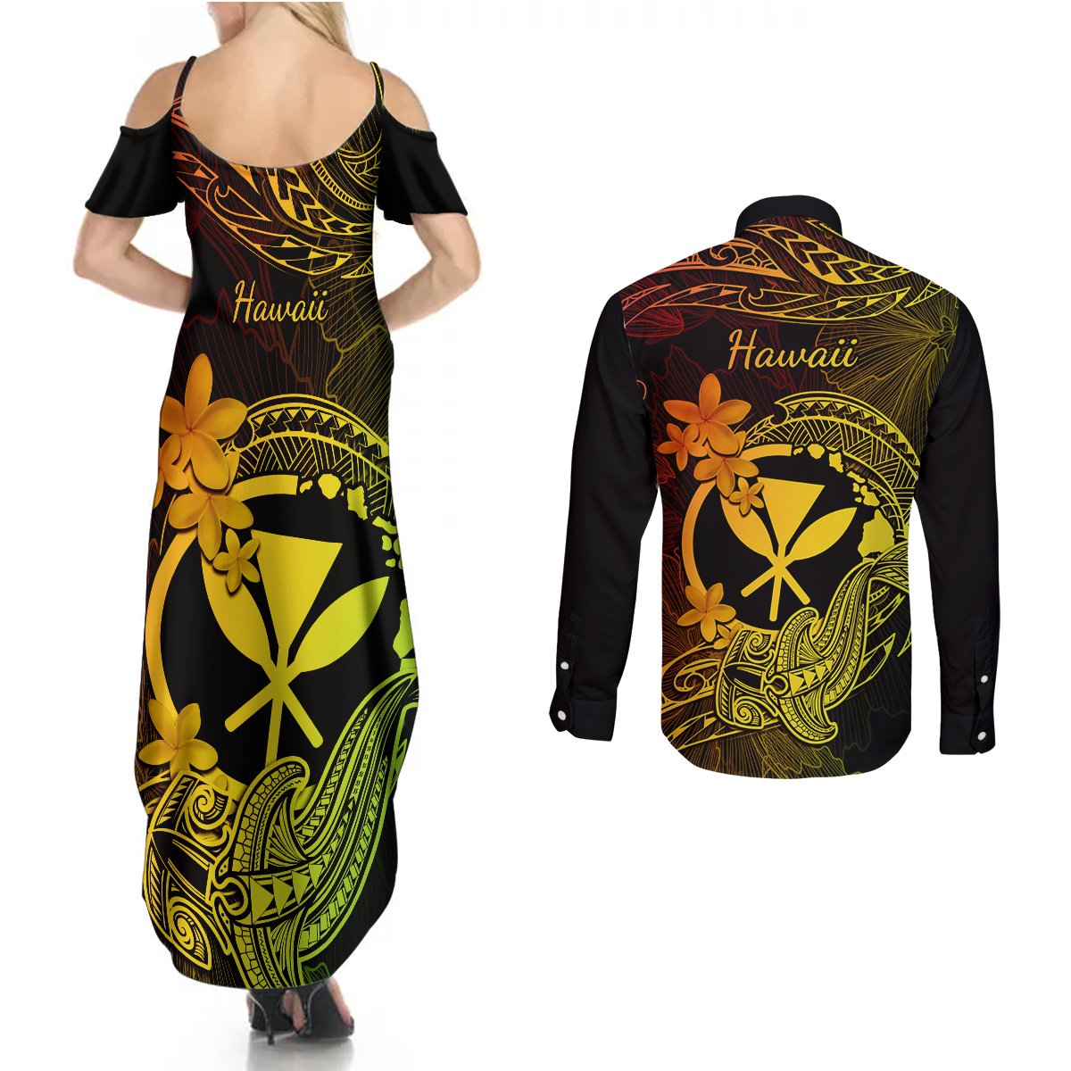 hawaii-couples-matching-summer-maxi-dress-and-long-sleeve-button-shirts-hammerhead-shark-tattoo-mix-polynesian-plumeria-reggae-version