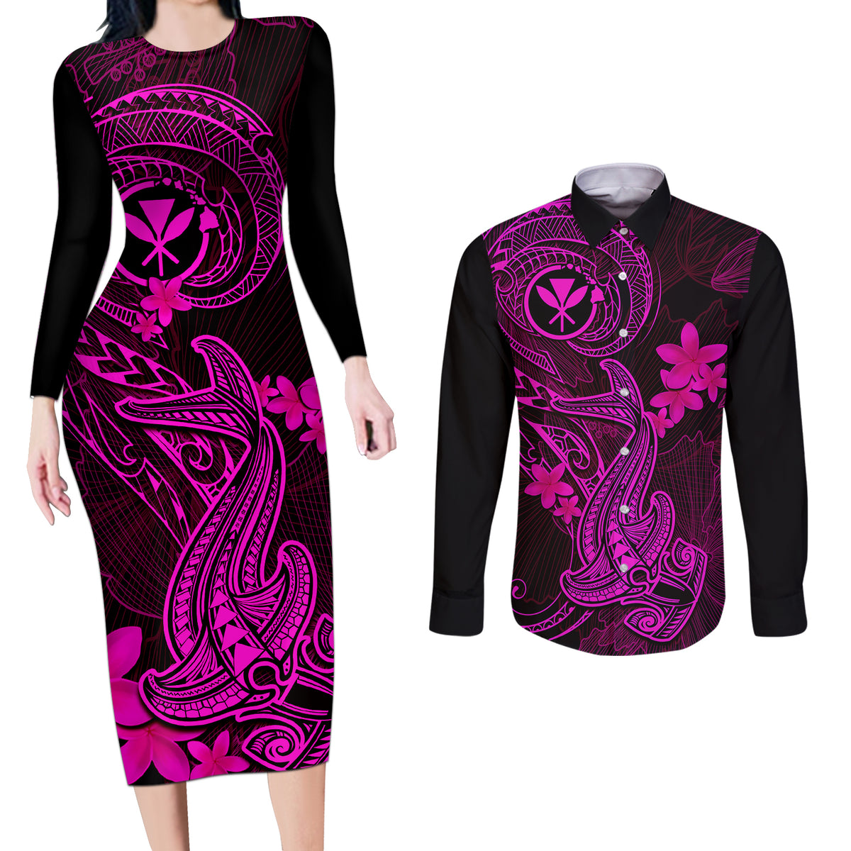hawaii-couples-matching-long-sleeve-bodycon-dress-and-long-sleeve-button-shirts-hammerhead-shark-tattoo-mix-polynesian-plumeria-pink-version