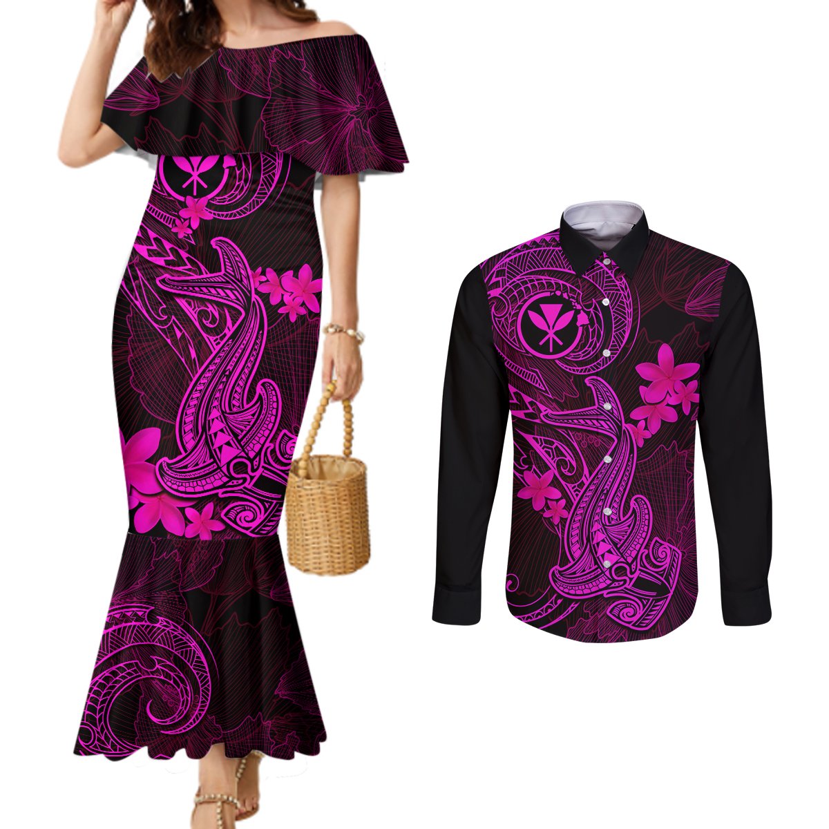 hawaii-couples-matching-mermaid-dress-and-long-sleeve-button-shirts-hammerhead-shark-tattoo-mix-polynesian-plumeria-pink-version