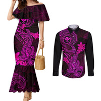 hawaii-couples-matching-mermaid-dress-and-long-sleeve-button-shirts-hammerhead-shark-tattoo-mix-polynesian-plumeria-pink-version