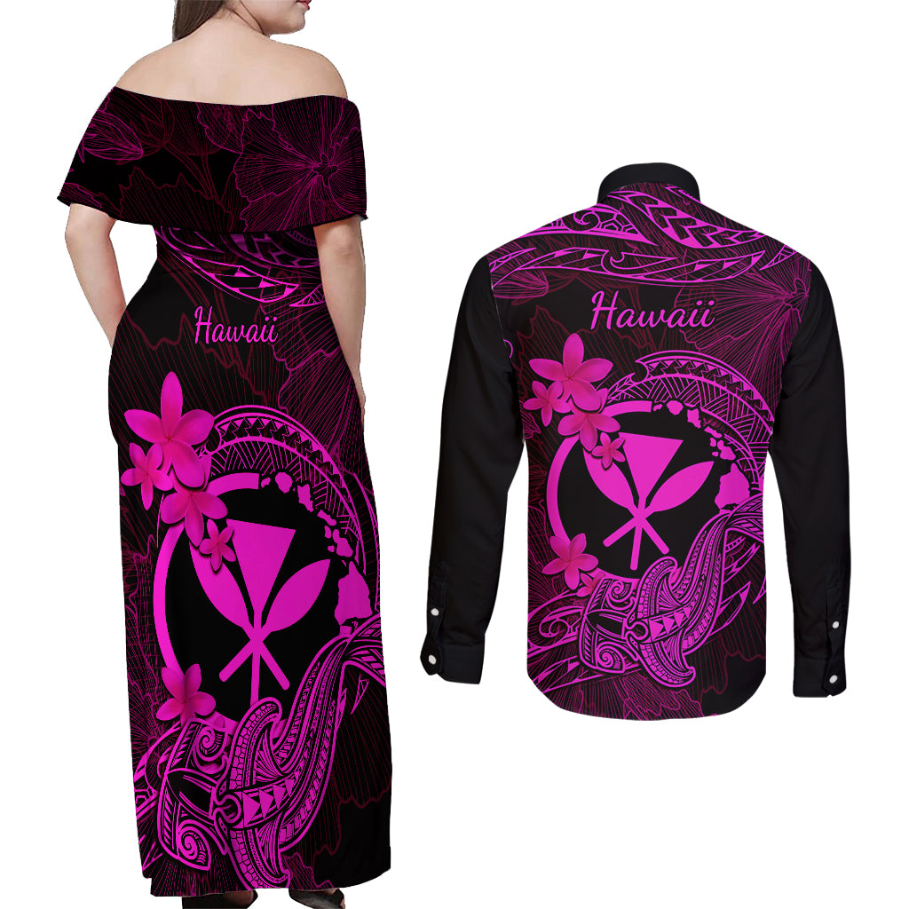hawaii-couples-matching-off-shoulder-maxi-dress-and-long-sleeve-button-shirts-hammerhead-shark-tattoo-mix-polynesian-plumeria-pink-version