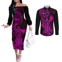 hawaii-couples-matching-off-the-shoulder-long-sleeve-dress-and-long-sleeve-button-shirts-hammerhead-shark-tattoo-mix-polynesian-plumeria-pink-version