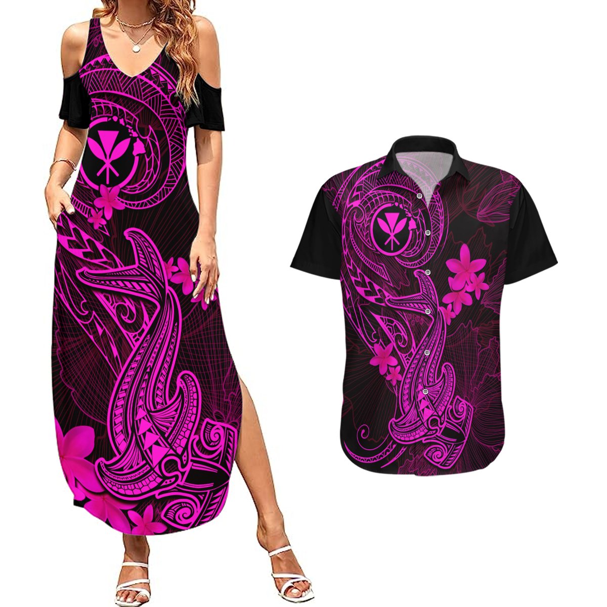 hawaii-couples-matching-summer-maxi-dress-and-hawaiian-shirt-hammerhead-shark-tattoo-mix-polynesian-plumeria-pink-version