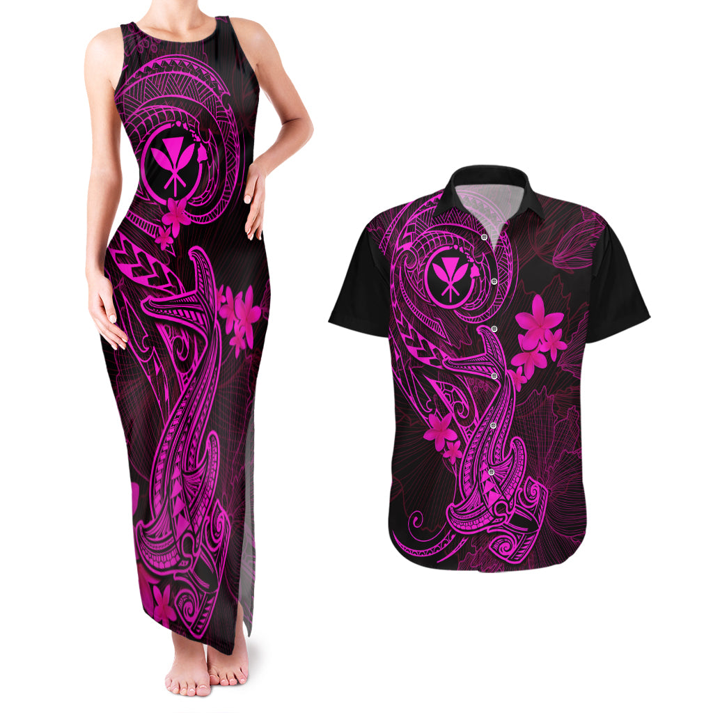 hawaii-couples-matching-tank-maxi-dress-and-hawaiian-shirt-hammerhead-shark-tattoo-mix-polynesian-plumeria-pink-version