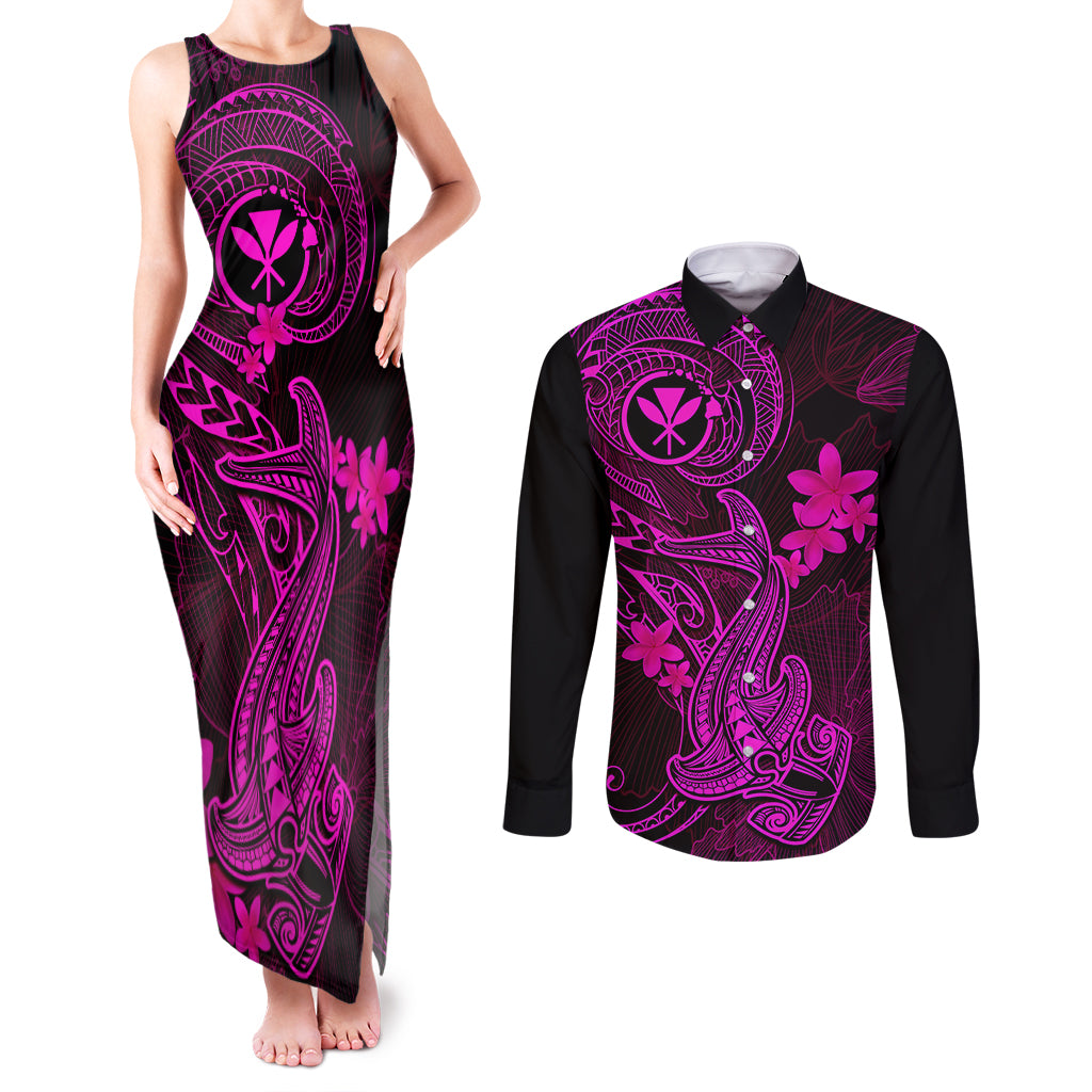 hawaii-couples-matching-tank-maxi-dress-and-long-sleeve-button-shirts-hammerhead-shark-tattoo-mix-polynesian-plumeria-pink-version