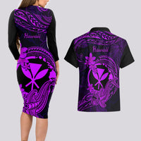 hawaii-couples-matching-long-sleeve-bodycon-dress-and-hawaiian-shirt-hammerhead-shark-tattoo-mix-polynesian-plumeria-purple-version