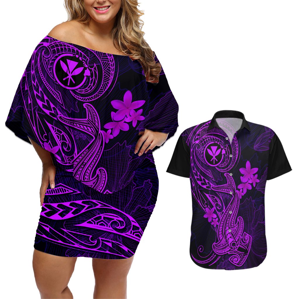 hawaii-couples-matching-off-shoulder-short-dress-and-hawaiian-shirt-hammerhead-shark-tattoo-mix-polynesian-plumeria-purple-version