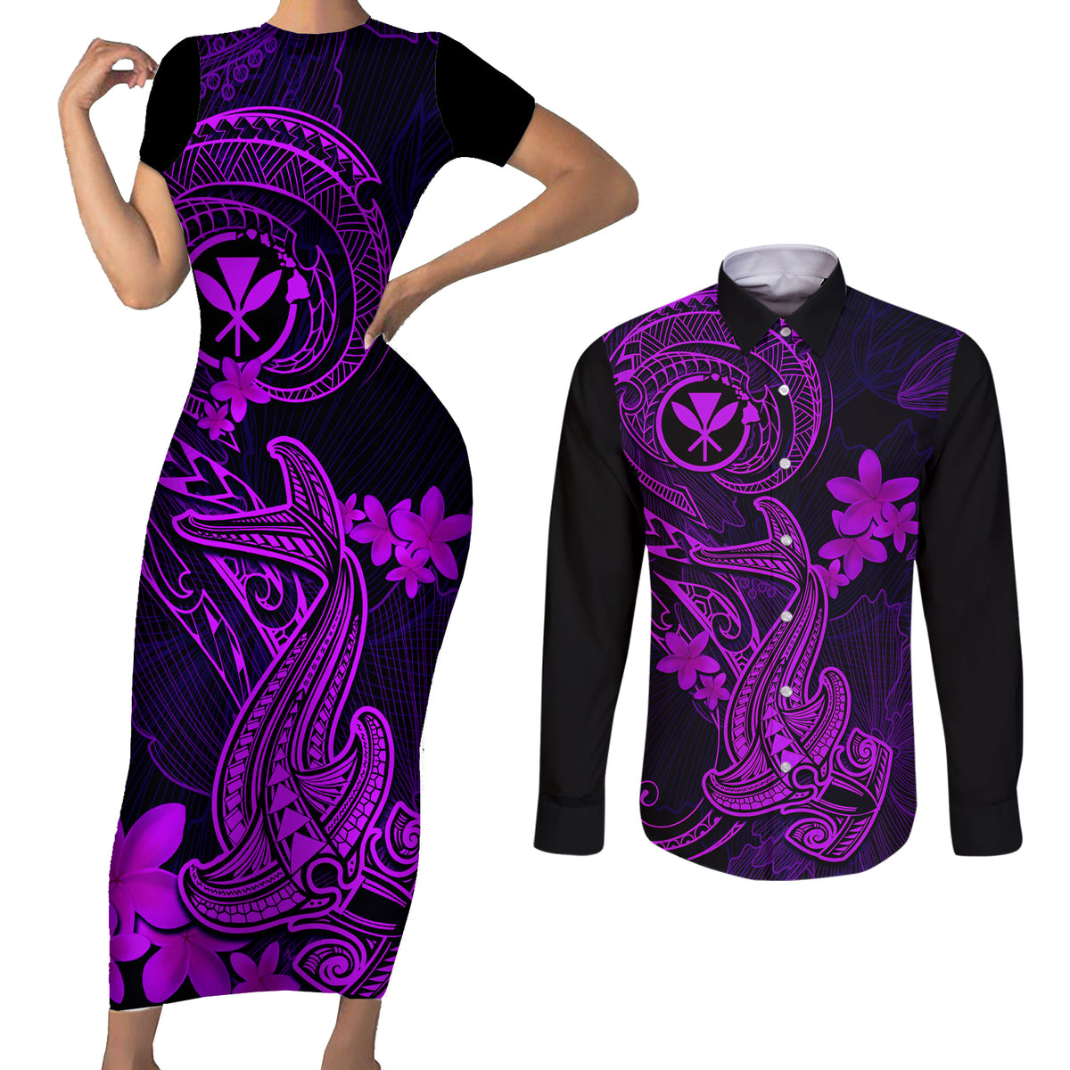 hawaii-couples-matching-short-sleeve-bodycon-dress-and-long-sleeve-button-shirts-hammerhead-shark-tattoo-mix-polynesian-plumeria-purple-version