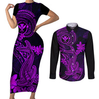 hawaii-couples-matching-short-sleeve-bodycon-dress-and-long-sleeve-button-shirts-hammerhead-shark-tattoo-mix-polynesian-plumeria-purple-version