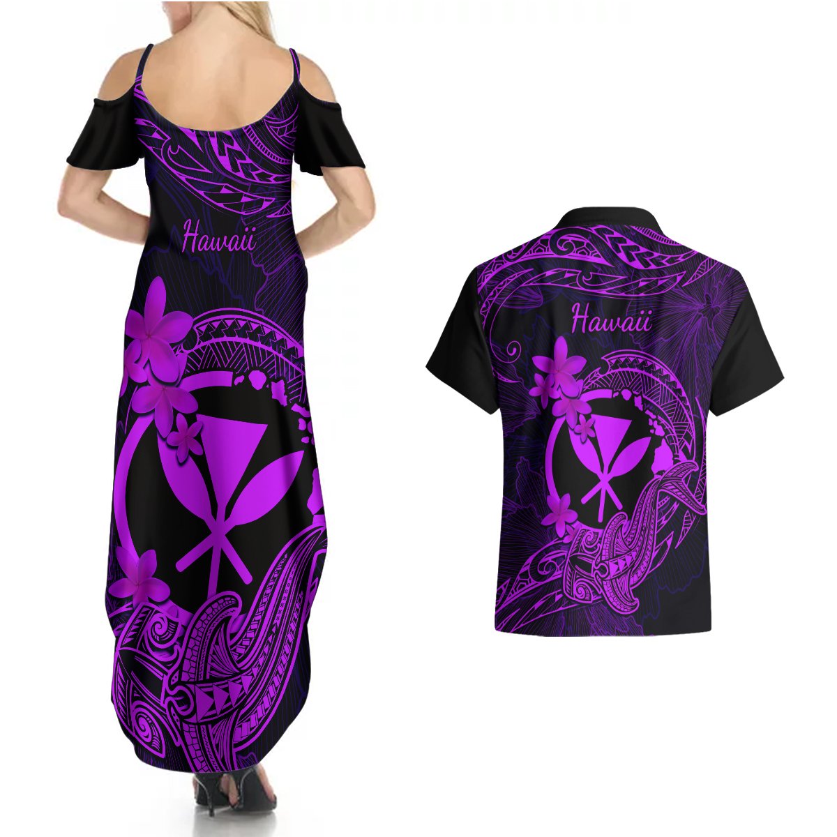 hawaii-couples-matching-summer-maxi-dress-and-hawaiian-shirt-hammerhead-shark-tattoo-mix-polynesian-plumeria-purple-version