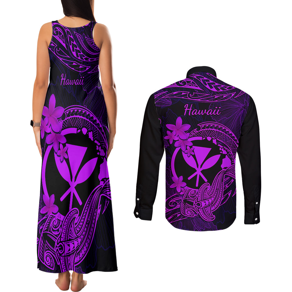 hawaii-couples-matching-tank-maxi-dress-and-long-sleeve-button-shirts-hammerhead-shark-tattoo-mix-polynesian-plumeria-purple-version