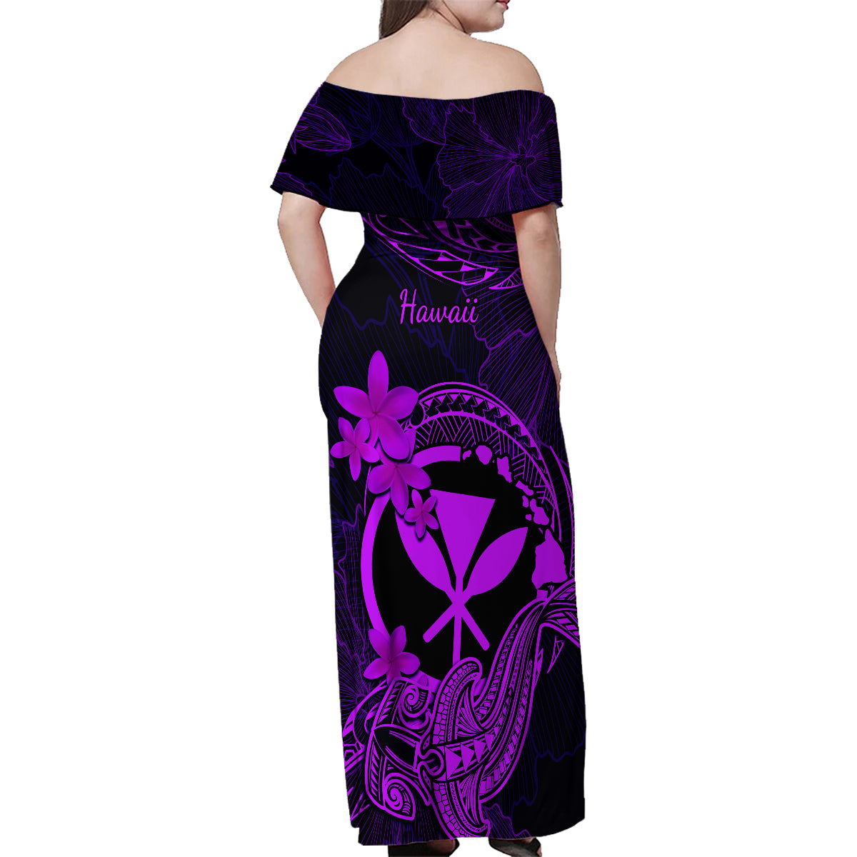hawaii-family-matching-off-shoulder-maxi-dress-and-hawaiian-shirt-hammerhead-shark-tattoo-mix-polynesian-plumeria-purple-version